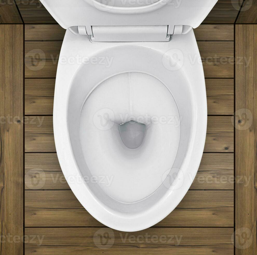 superiore Visualizza. di gabinetto ciotola nel bagno con di legno pavimento foto