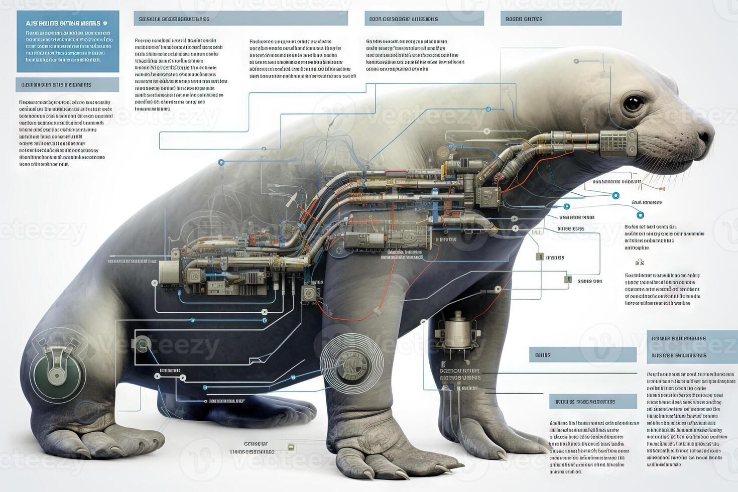 elefante foca cyborg animale dettagliato infografica, pieno dettagli anatomia manifesto diagramma illustrazione generativo ai foto