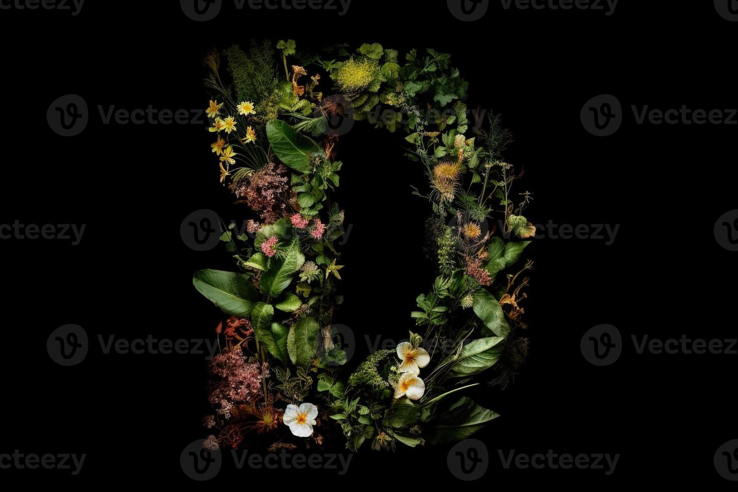 d alfabeto lettera fatto su di le foglie impianti e fiori isolato su nero sfondo illustrazione generativo ai foto