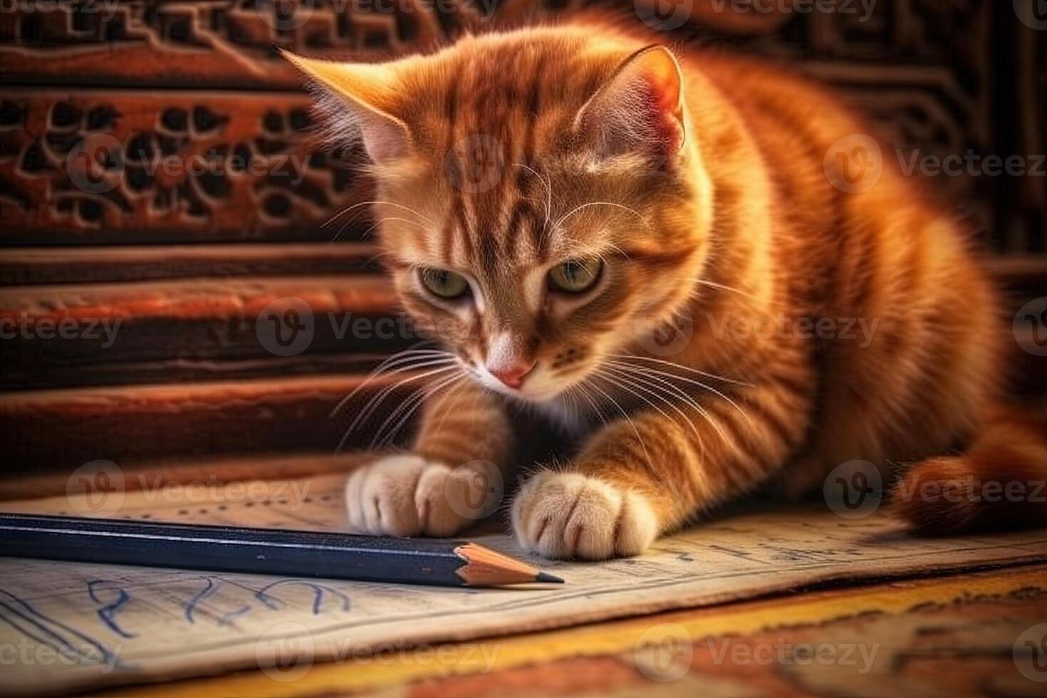 egiziano scriba carino gatto Tenere matita scrittura e schizzi su carta illustrazione generativo ai foto