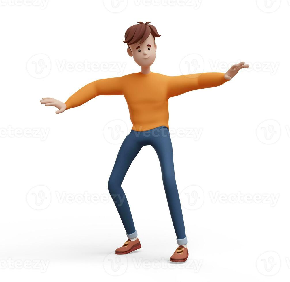 3d giovane positivo uomo danza con il suo indice dita su. ritratto di un' divertente cartone animato tipo nel casuale Abiti, maglione e jeans. minimalista stilizzato carattere. 3d illustrazione su bianca sfondo. foto