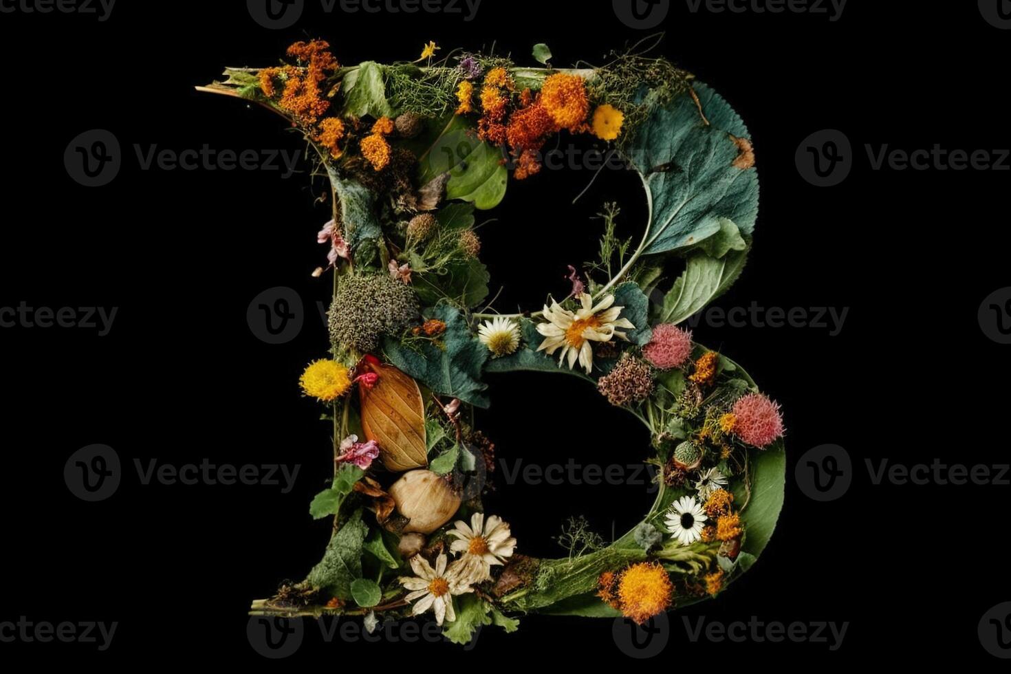 B alfabeto lettera fatto su di le foglie impianti e fiori isolato su nero sfondo illustrazione generativo ai foto