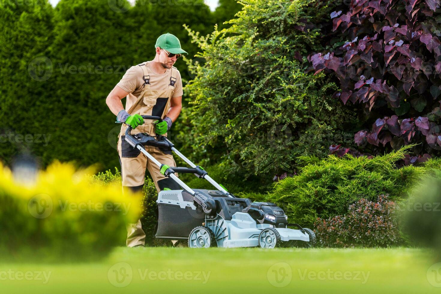 giardiniere l'esecuzione prato Manutenzione utilizzando energia falciatore foto