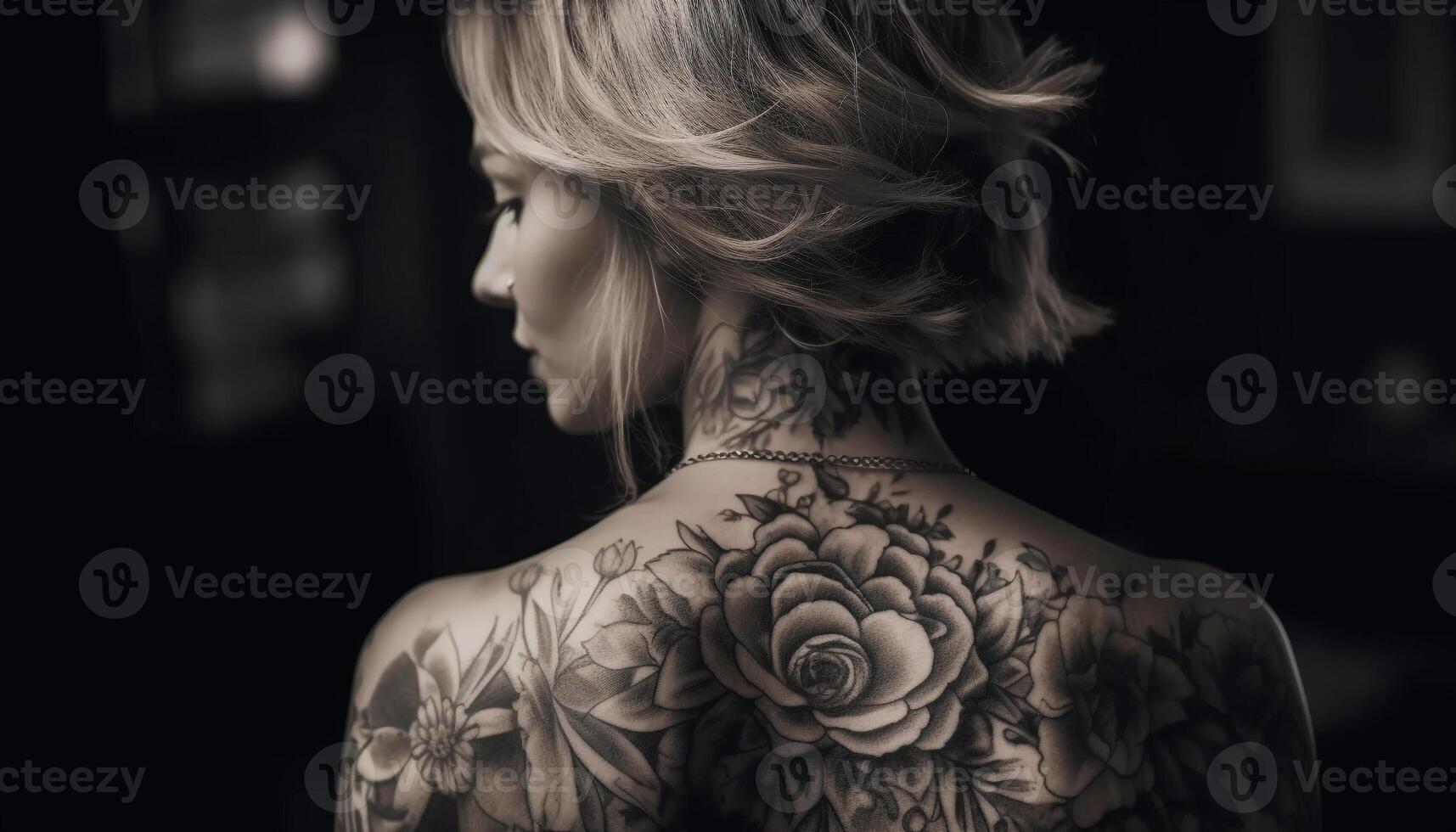 uno giovane donna tatuato eleganza nel nero generato di ai foto