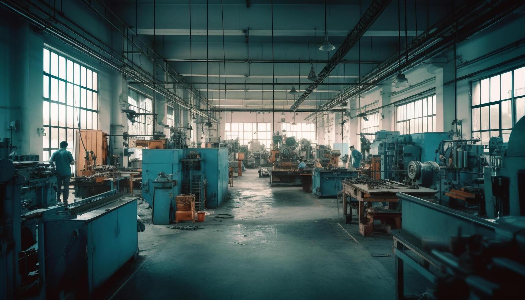 metallo lavoratore in piedi dentro moderno metallo industria laboratorio riparazione macchinari generato di ai foto