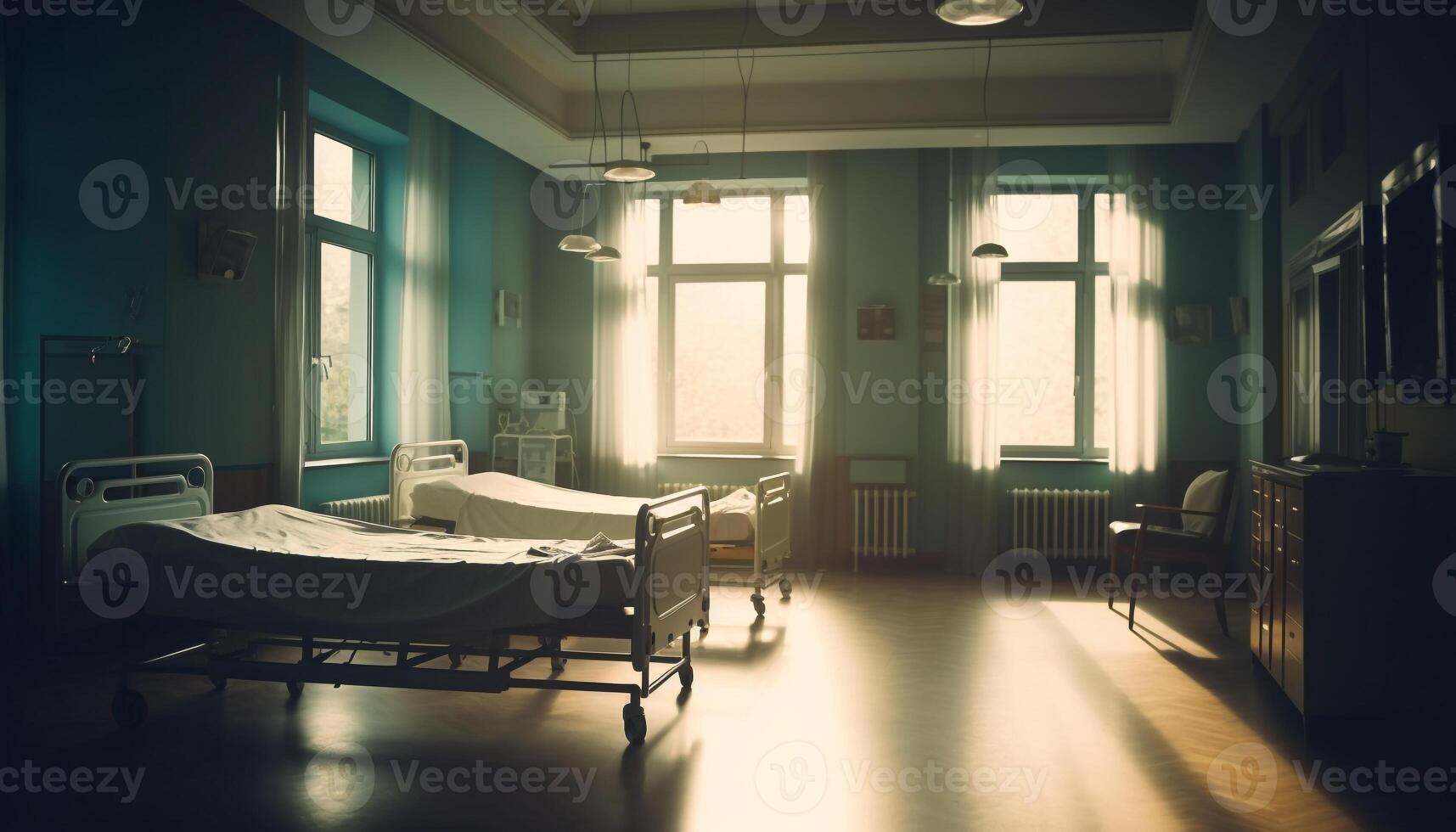 confortevole moderno Camera da letto con illuminato finestra e vuoto ospedale letto generato di ai foto