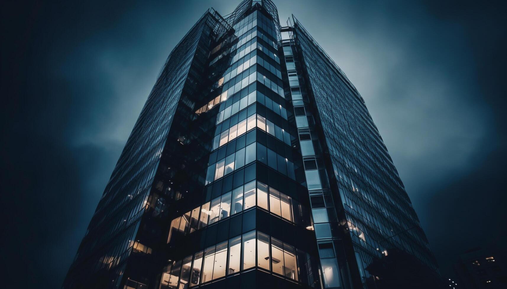 moderno grattacielo riflette futuristico città vita nel illuminato acciaio facciata generato di ai foto