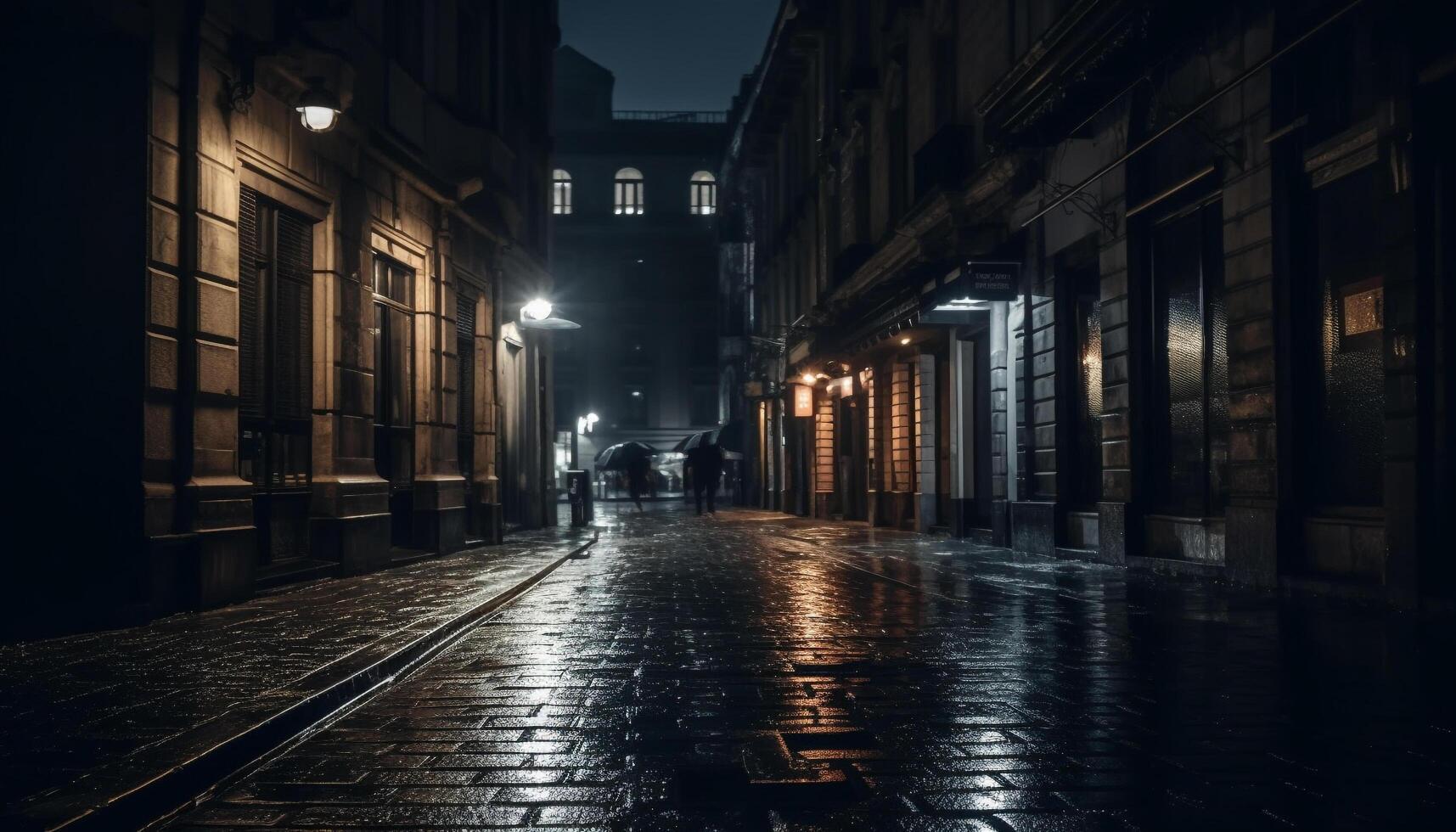 piovoso città notte, famoso edifici illuminato, sfocato traffico movimento generato di ai foto