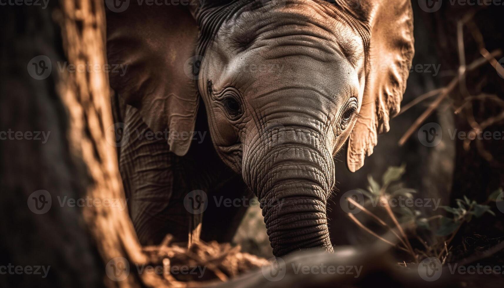 vicino su ritratto di un' carino elefante a piedi nel il savana generato di ai foto