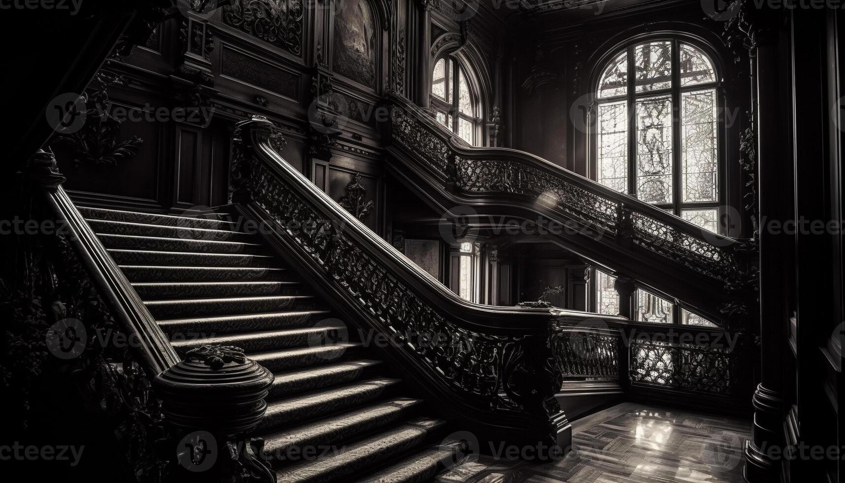 elegante scala nel vecchio edificio con monocromatico modello e ringhiera generato di ai foto