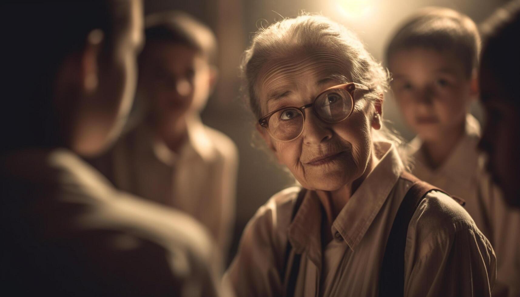 Multi generazione famiglia legame, sorridente e guardare a telecamera in casa generato di ai foto