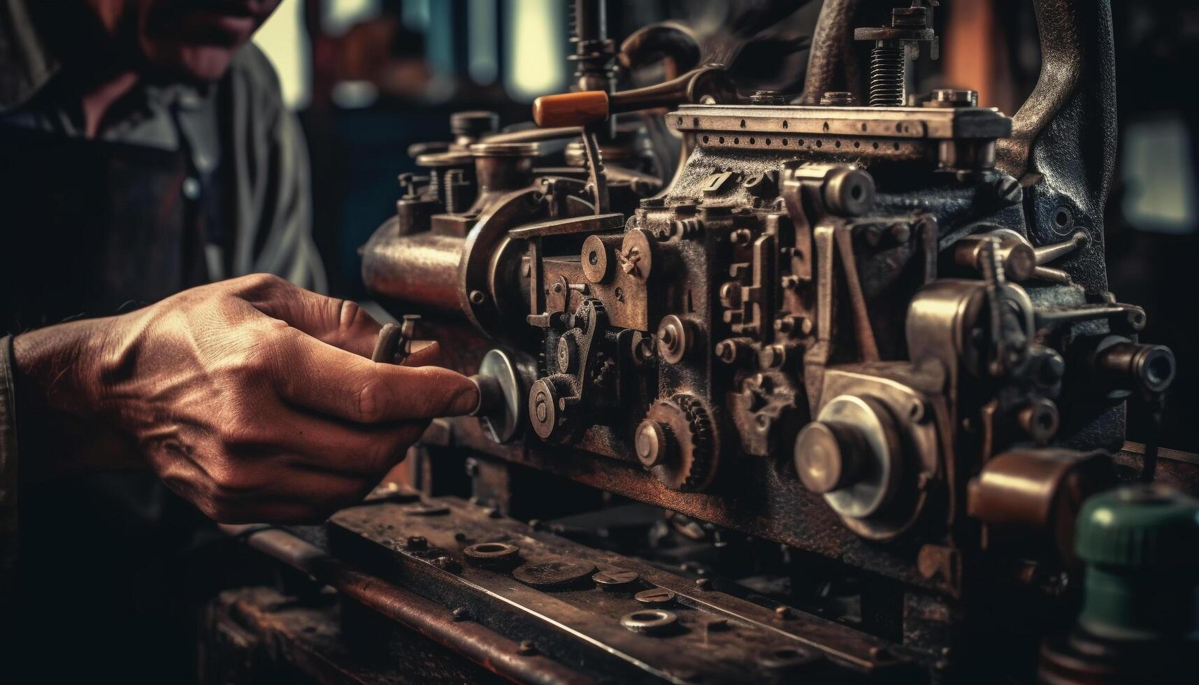 caucasico maschio Tenere chiave inglese, svolta vecchio stile tornio nel metallo laboratorio generato di ai foto