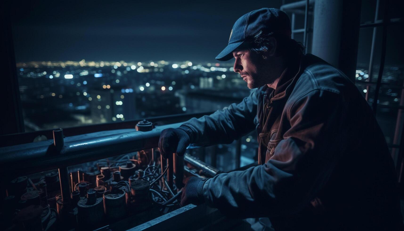 uno uomo, un' giovane adulto ingegnere, Lavorando nel un' fabbrica generato di ai foto