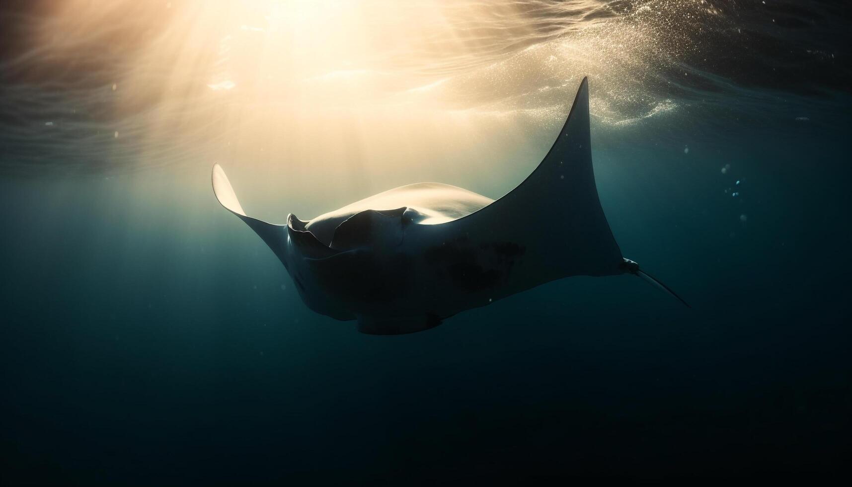 maestoso manta raggio nuotate nel tropicale scogliera, sotto blu acqua generato di ai foto