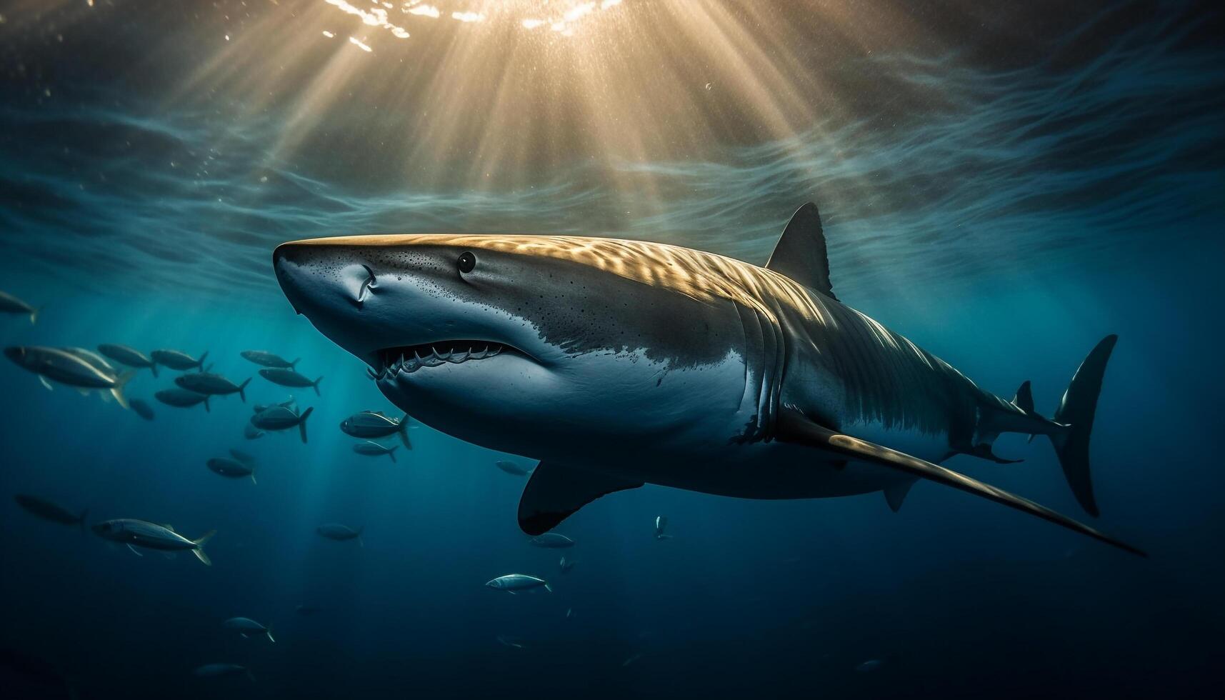 maestoso punta nera scogliera squalo nuoto nel in profondità blu acqua salata scogliera generato di ai foto