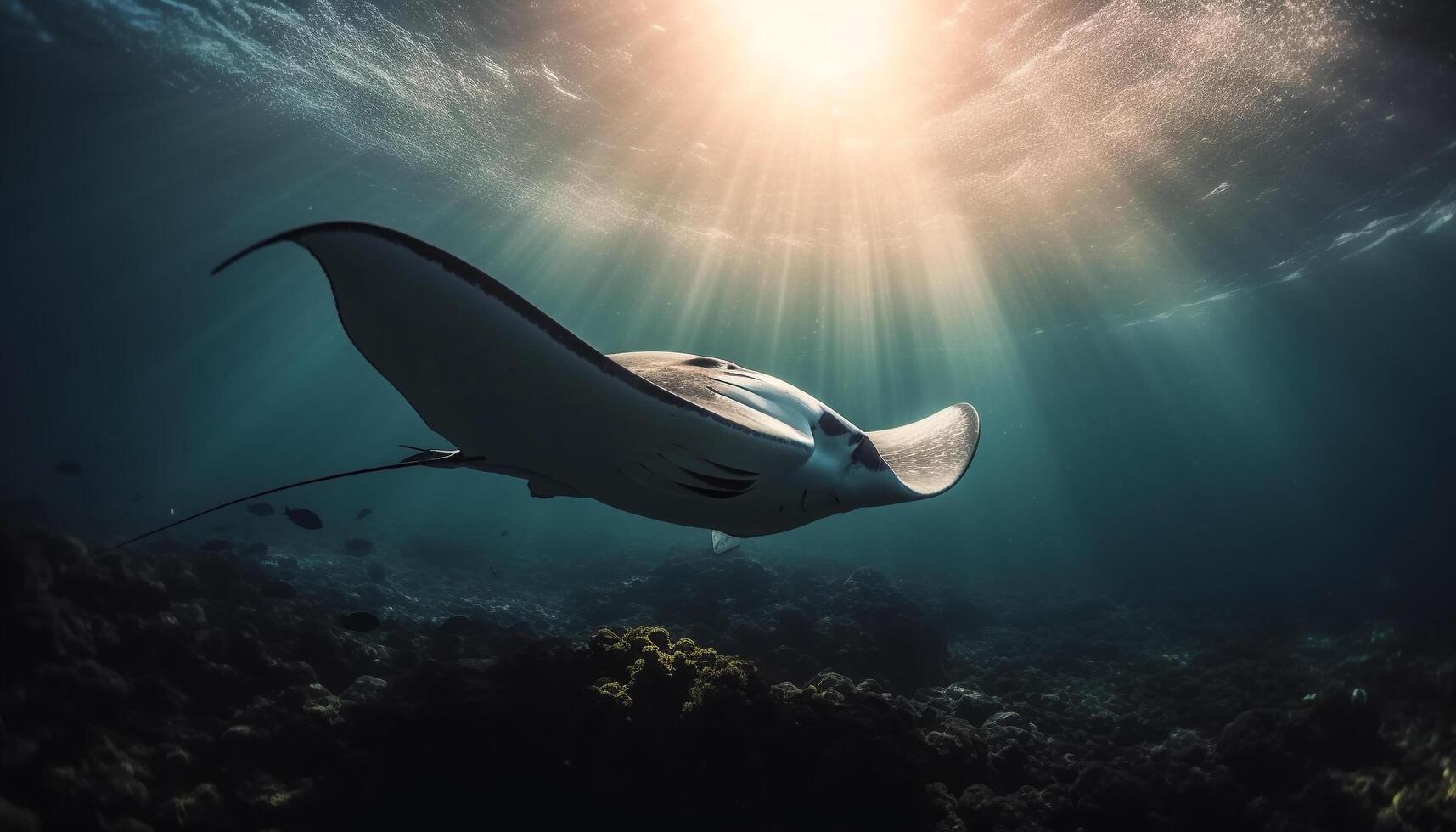 maestoso manta raggio nuoto nel il in profondità blu mare generato di ai foto