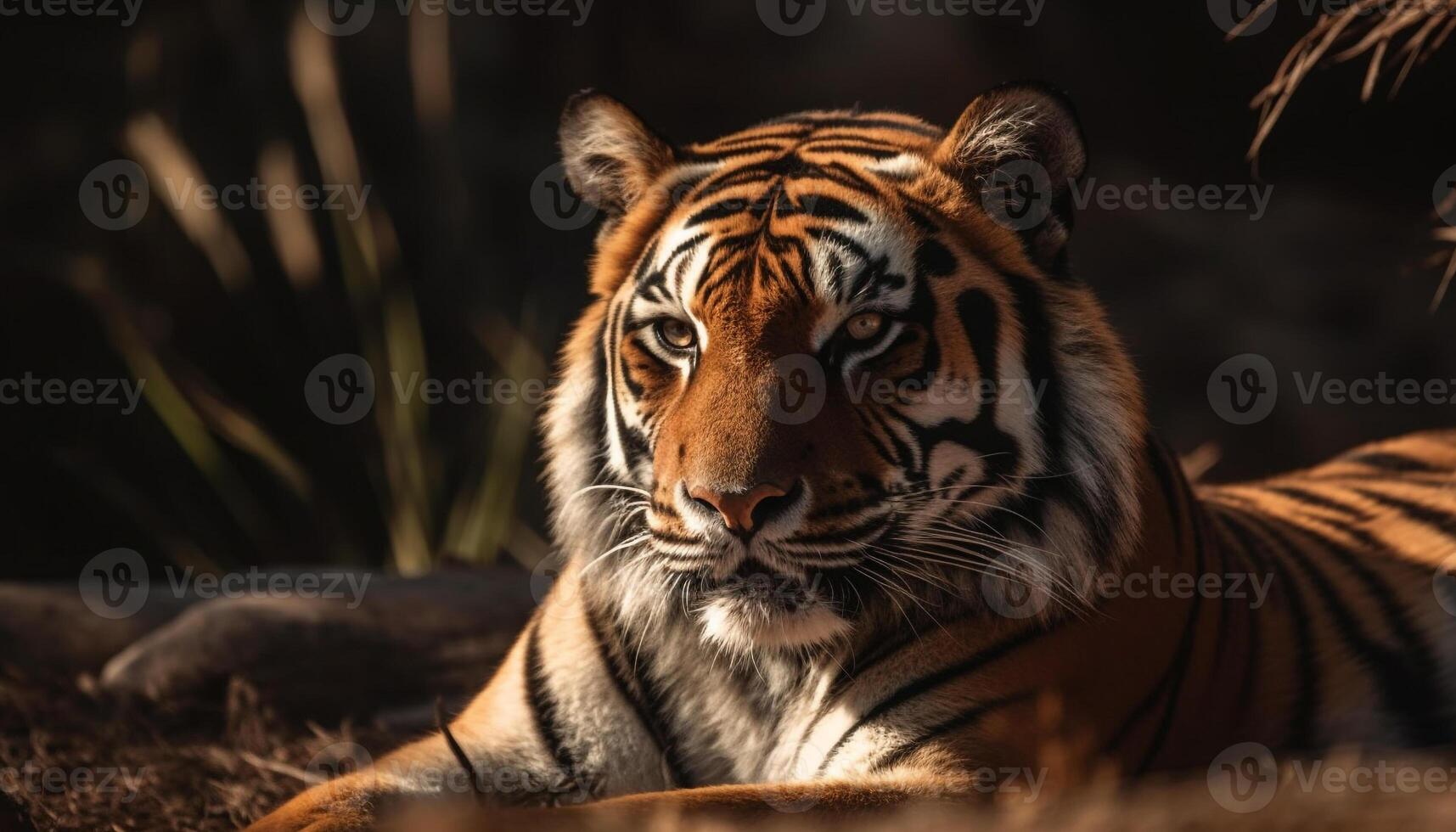 maestoso Bengala tigre fissando, vicino su ritratto di selvaggio aggressione generato di ai foto