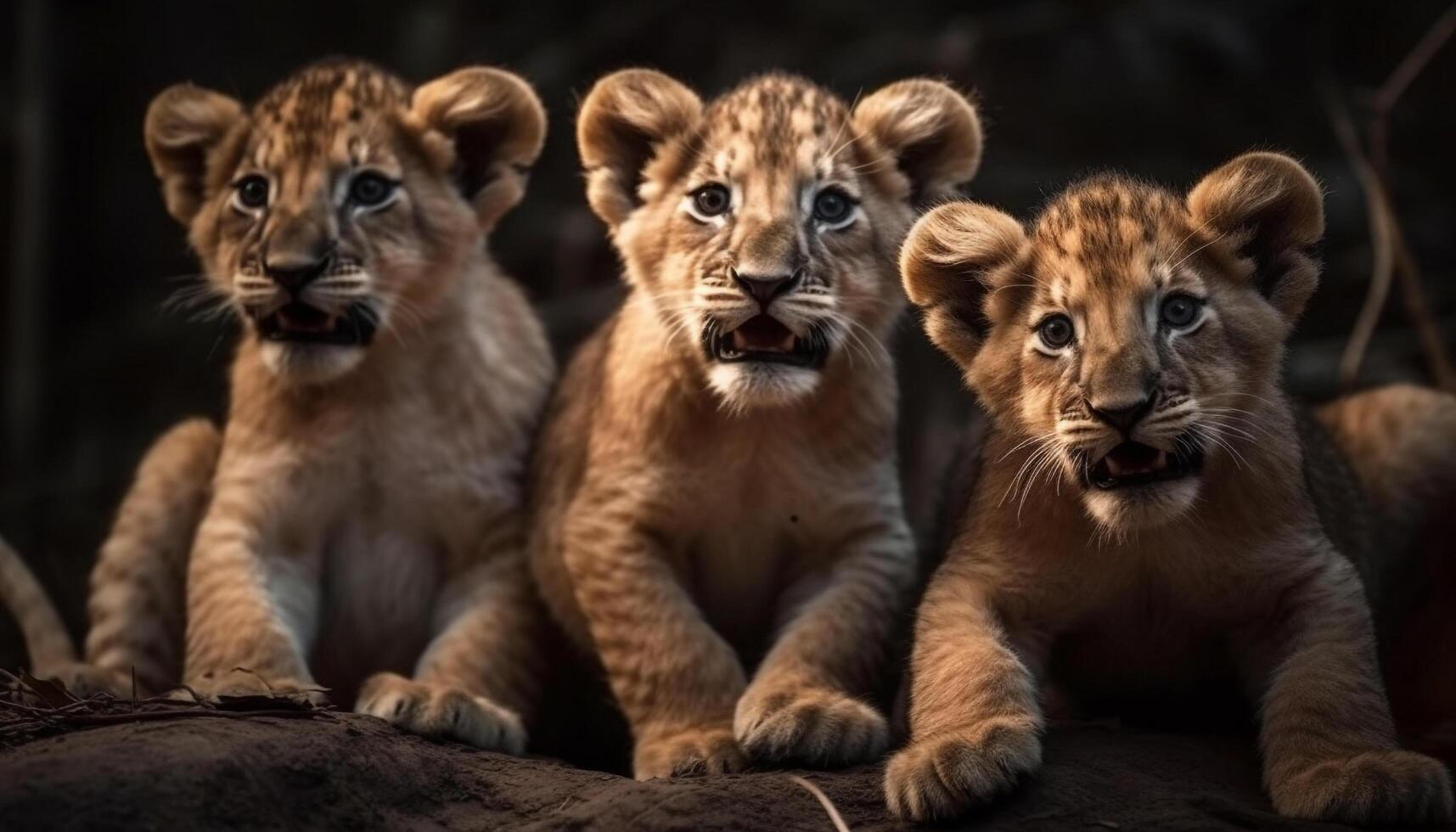 giocoso Leone cucciolo fissando a telecamera nel natura a strisce natura selvaggia generato di ai foto