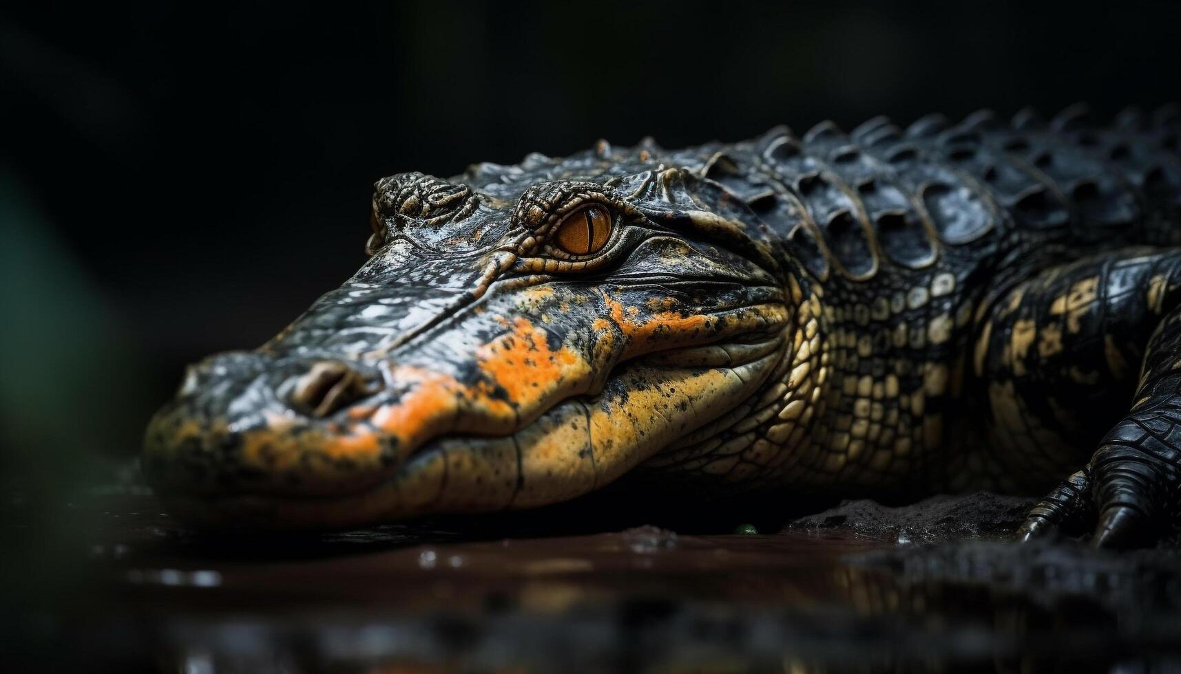 in via di estinzione dagli occhiali caimano riposa nel tropicale pantano, Pericolo si nasconde generato di ai foto