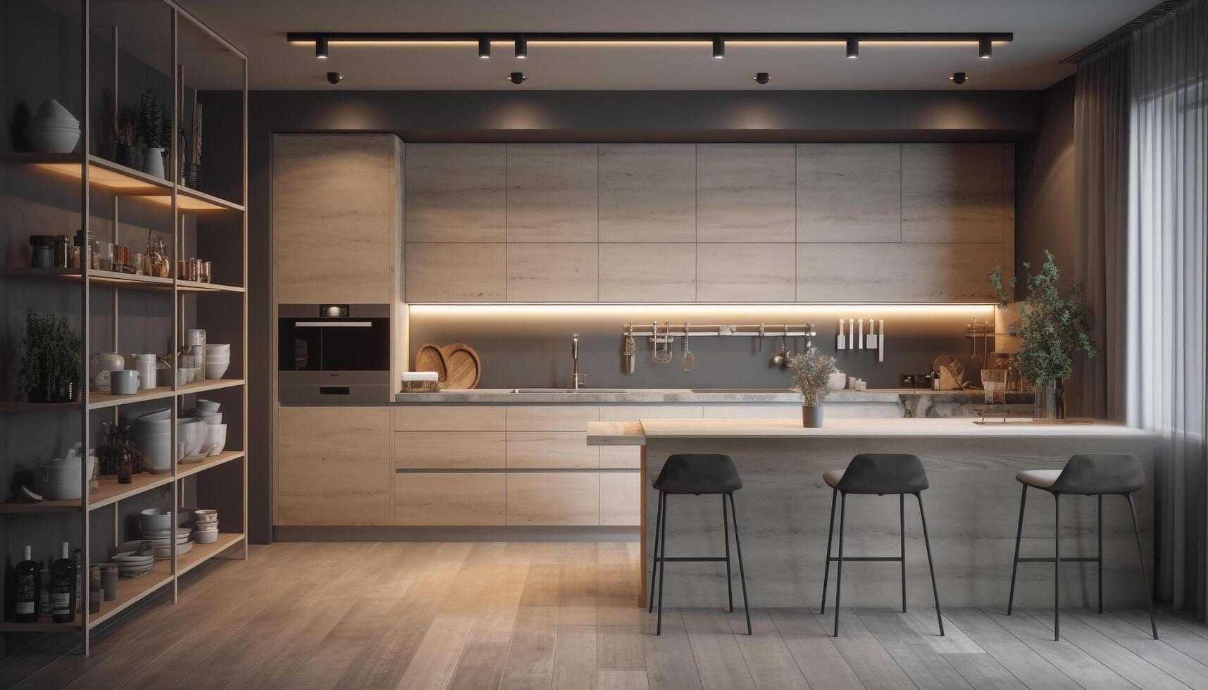 moderno lusso cucina design con elegante legna pavimentazione e inossidabile acciaio elettrodomestici generato di ai foto