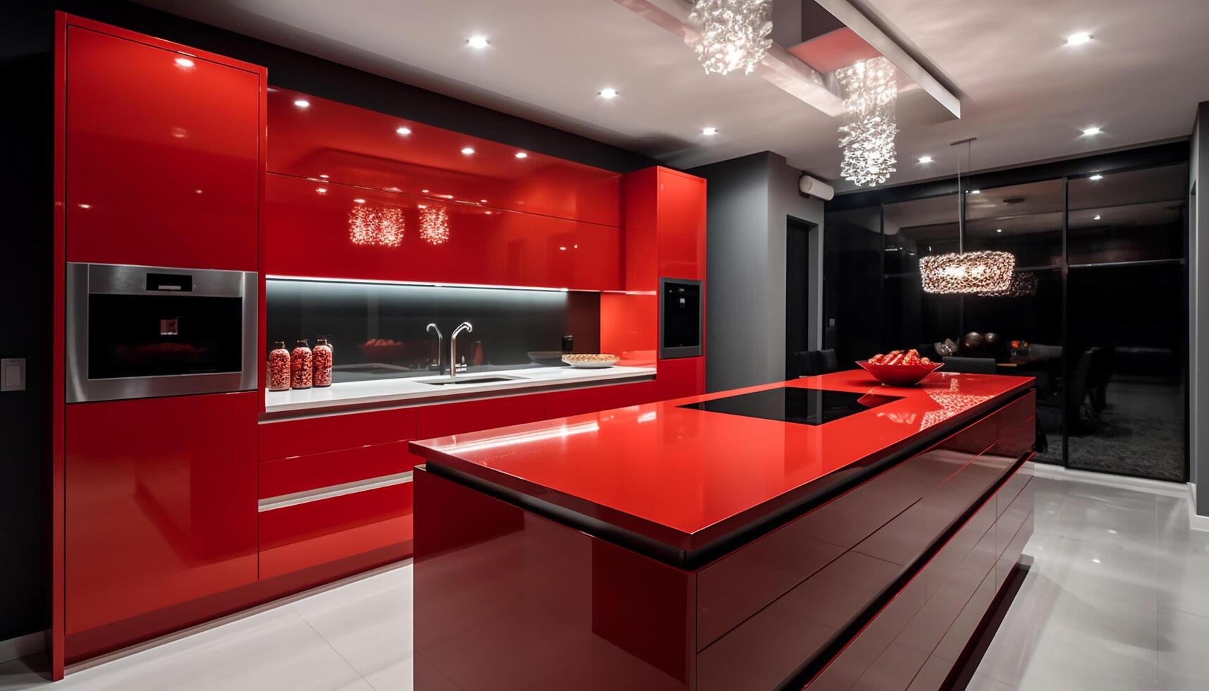 moderno cucina design con lusso elettrodomestici, elegante marmo pavimentazione, e luminosa illuminazione generato di ai foto