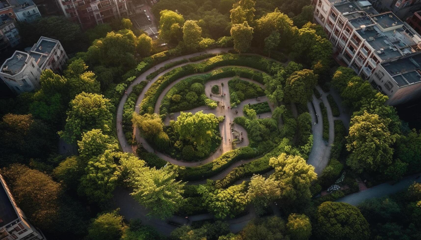 verde foresta crescita, aereo Visualizza di moderno paesaggio urbano a tramonto generato di ai foto