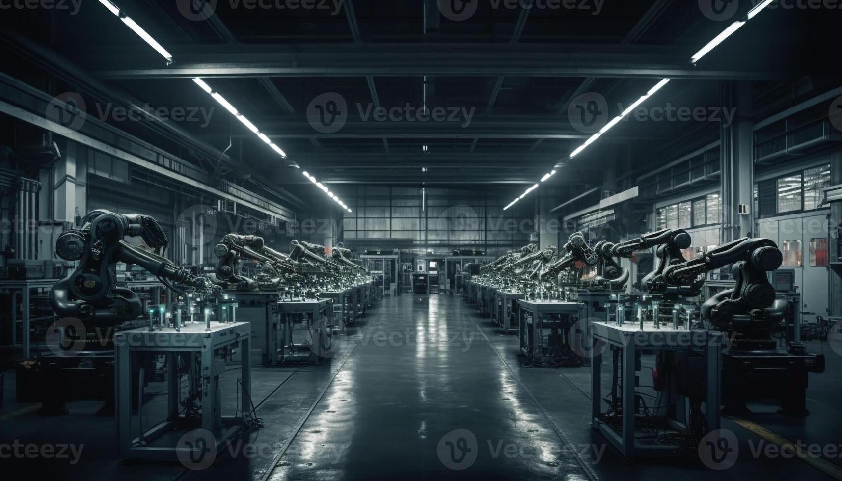 robotica braccio esercizi nel futuristico metallo industria fabbrica magazzino generato di ai foto