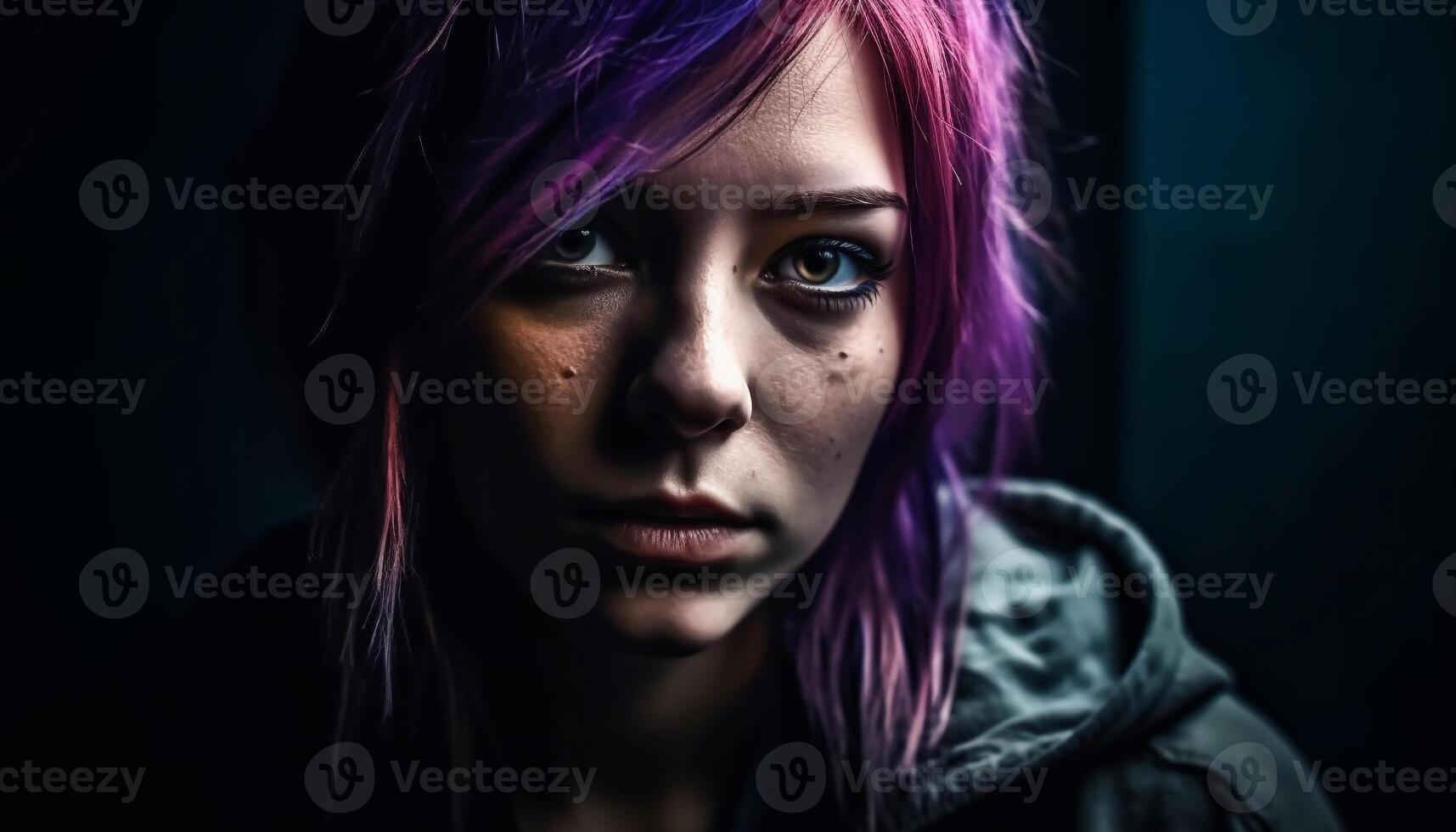 bellissimo giovane donna con viola capelli fissando in buio generato di ai foto
