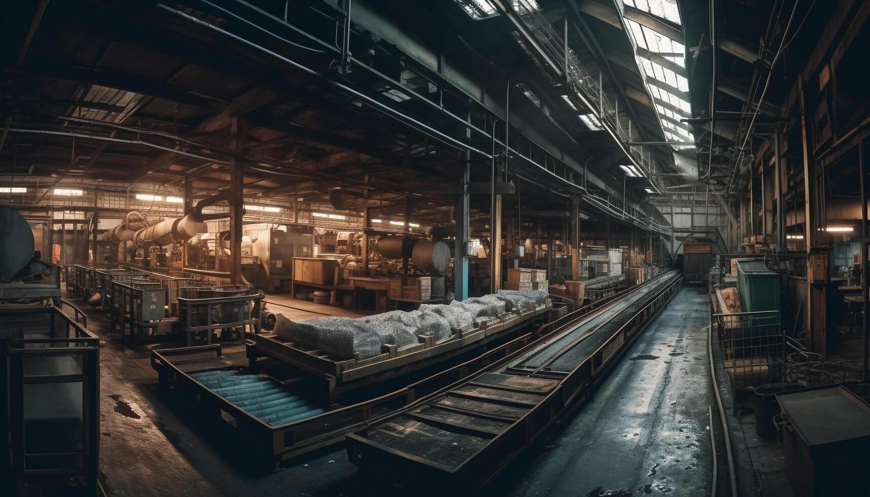 buio metallo laboratorio moderno macchinari, pesante attrezzatura, illuminato di tecnologia generato di ai foto