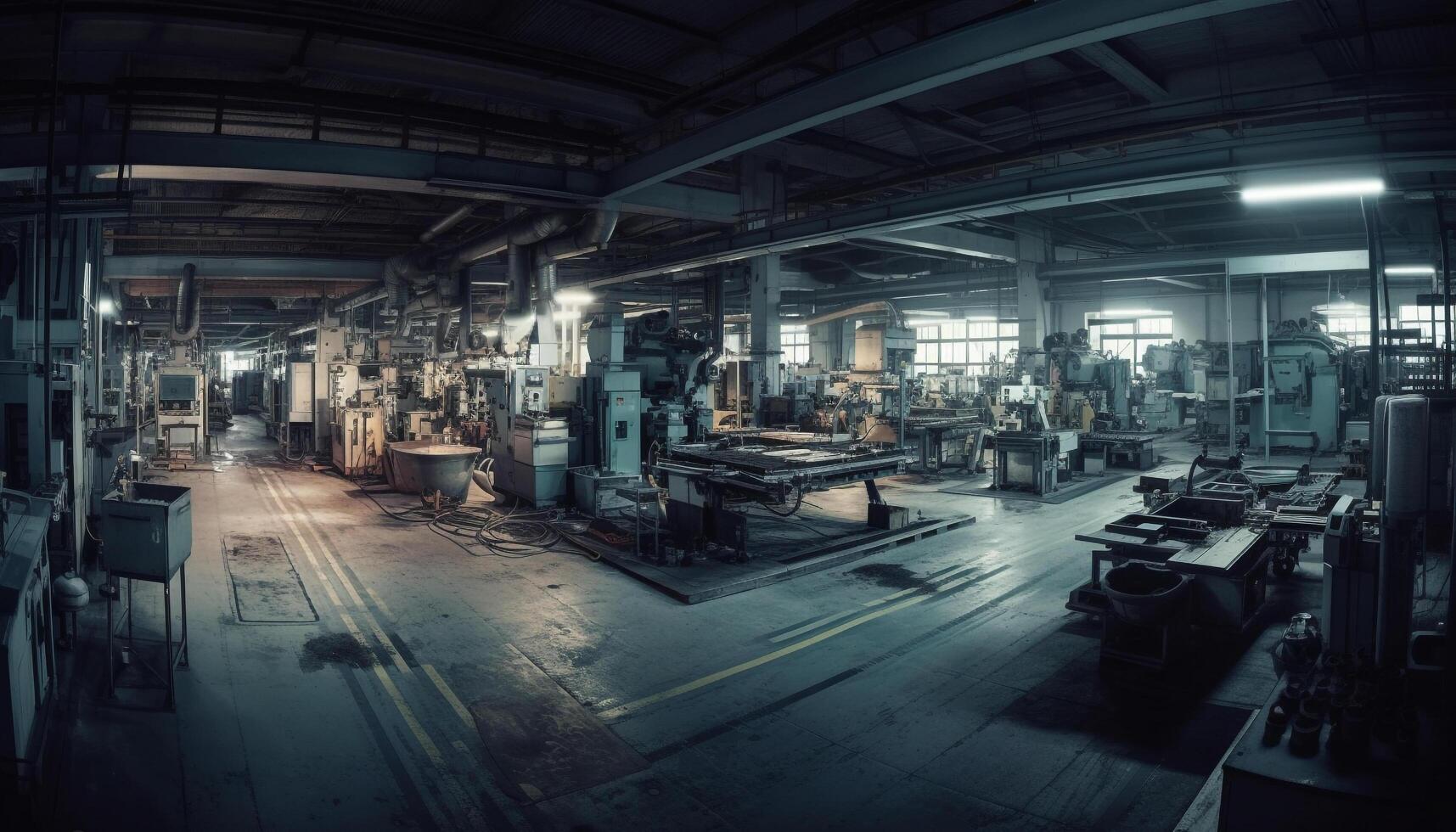metallo produzione macchinari nel buio industriale edificio con blu illuminazione generato di ai foto