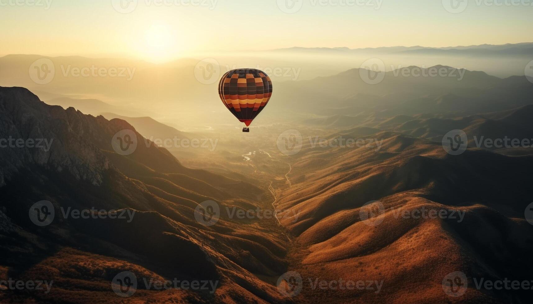 uomini volante caldo aria Palloncino al di sopra di montagna gamma a Alba generato di ai foto