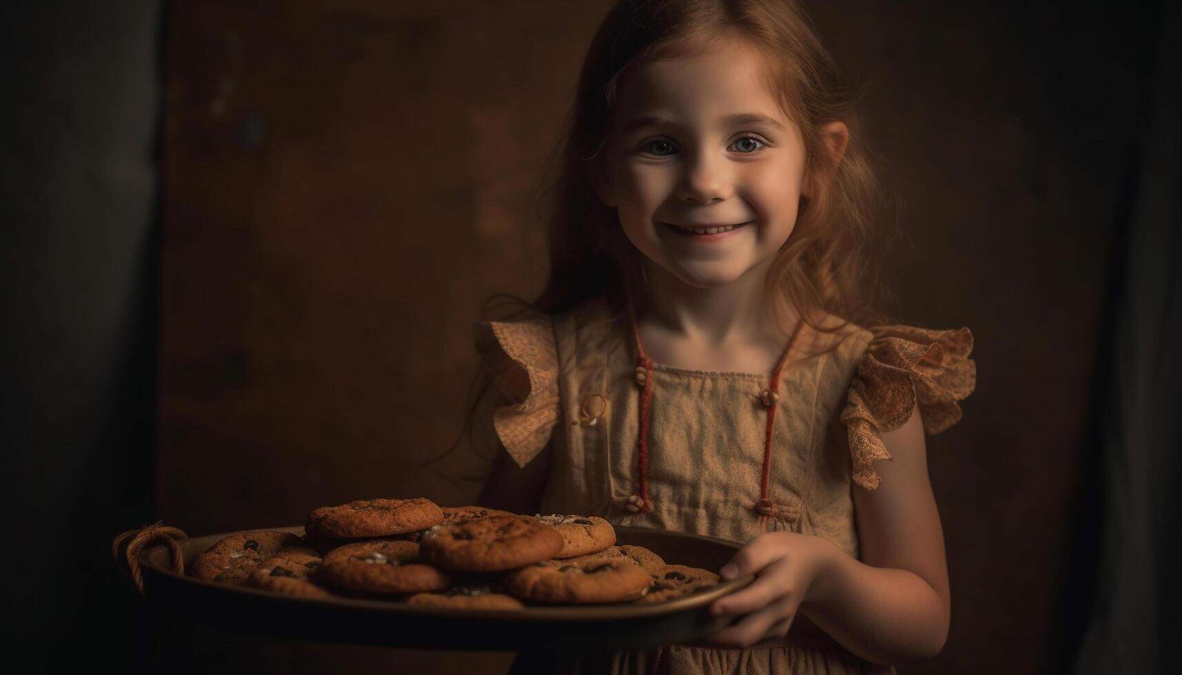 carino caucasico ragazza sorridente mentre godendo fatti in casa cioccolato biscotto in casa generato di ai foto