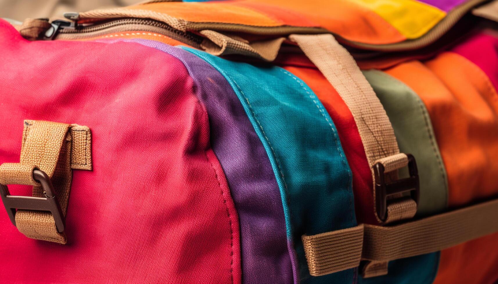 Multi colorato indumento collezione, elegante pelle borse con cerniera e fibbia generato di ai foto