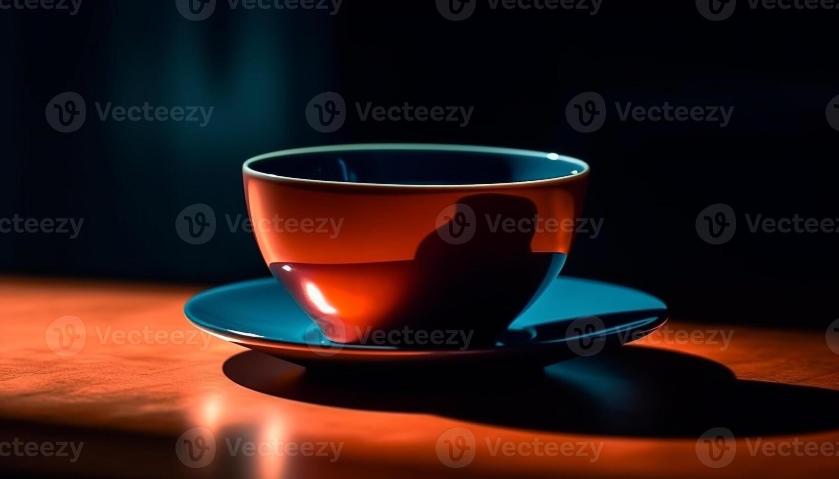 caldo caffè nel blu boccale su di legno piatto, elegante ancora vita generato di ai foto