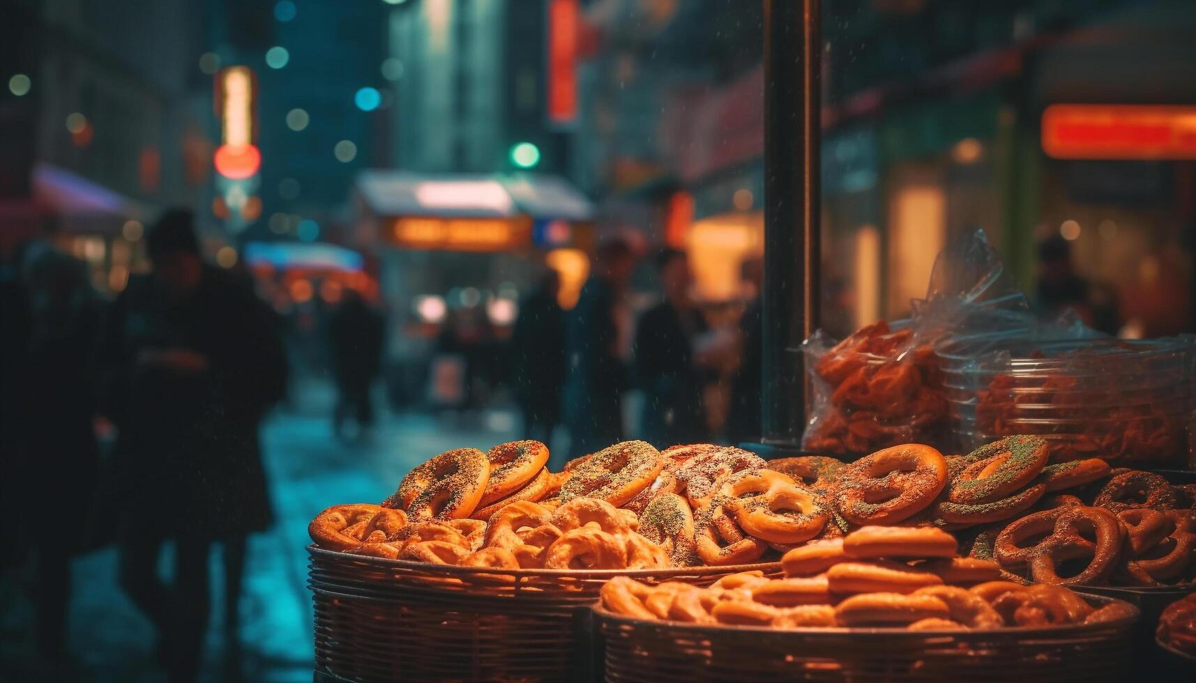 ore notturne merenda a famoso all'aperto cibo mercato nel vivace città generato di ai foto