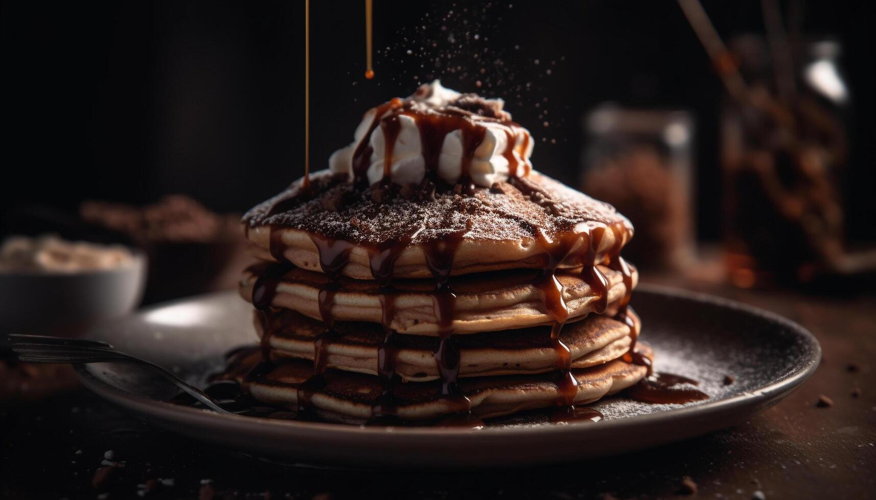 pila di fatti in casa Pancakes con cioccolato salsa e caramello sciroppo generato di ai foto