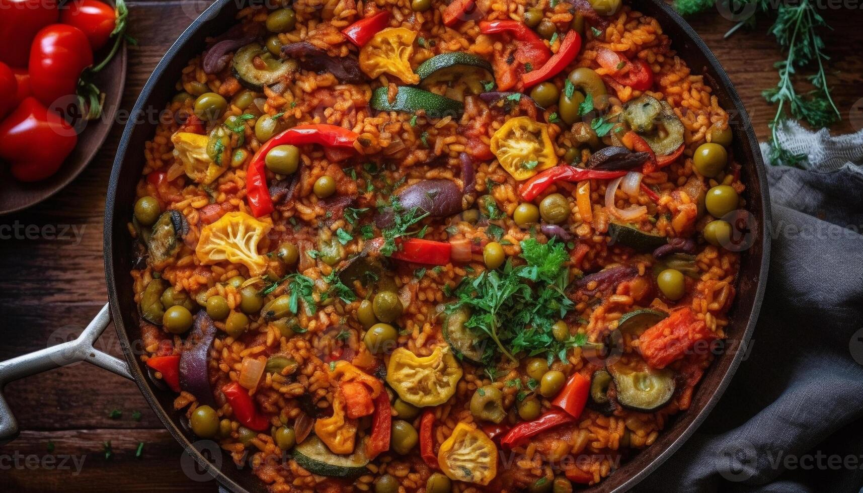 salutare paella pasto con frutti di mare, la verdura, e fresco ingredienti generativo ai foto