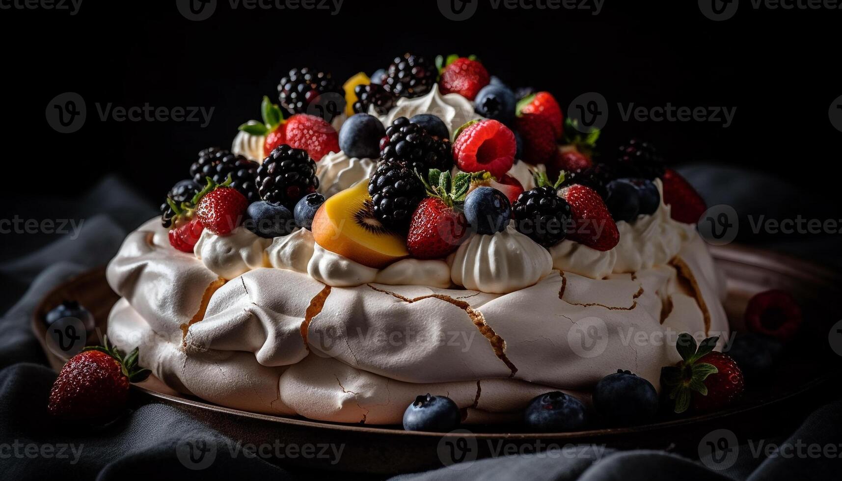 rustico bacca Pavlova con frustato crema e cioccolato decorazione generativo ai foto