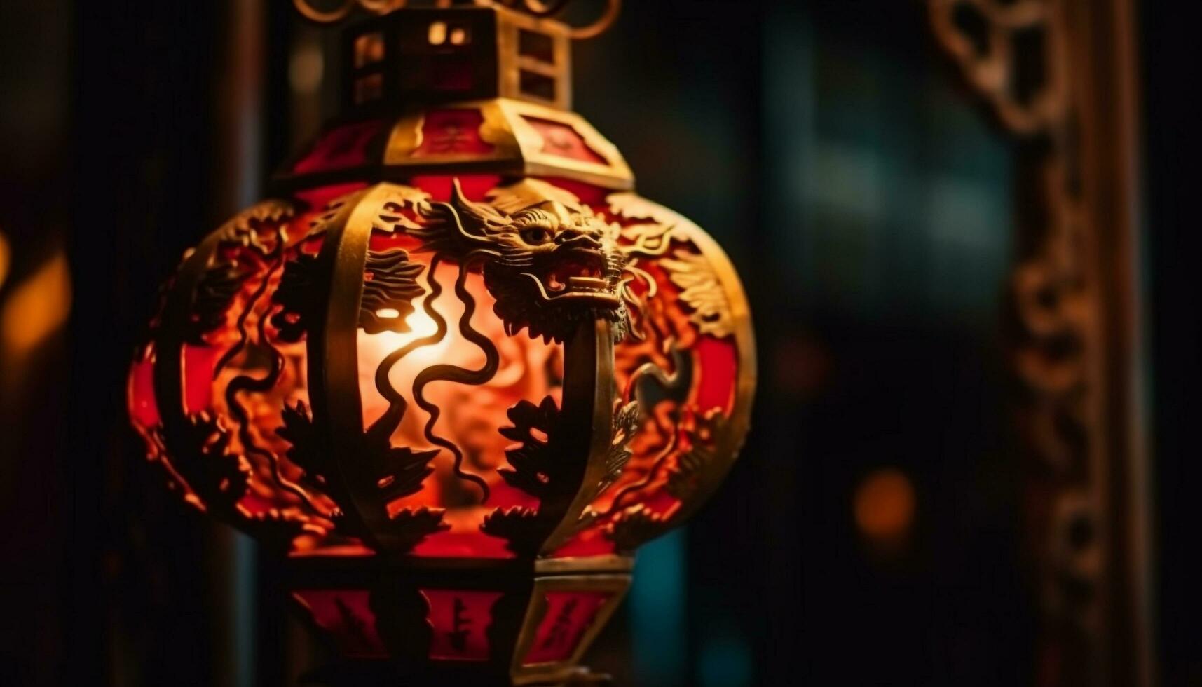 antico lanterna si illumina tradizionale Cinese celebrazione, raggiante nel il notte generato di ai foto