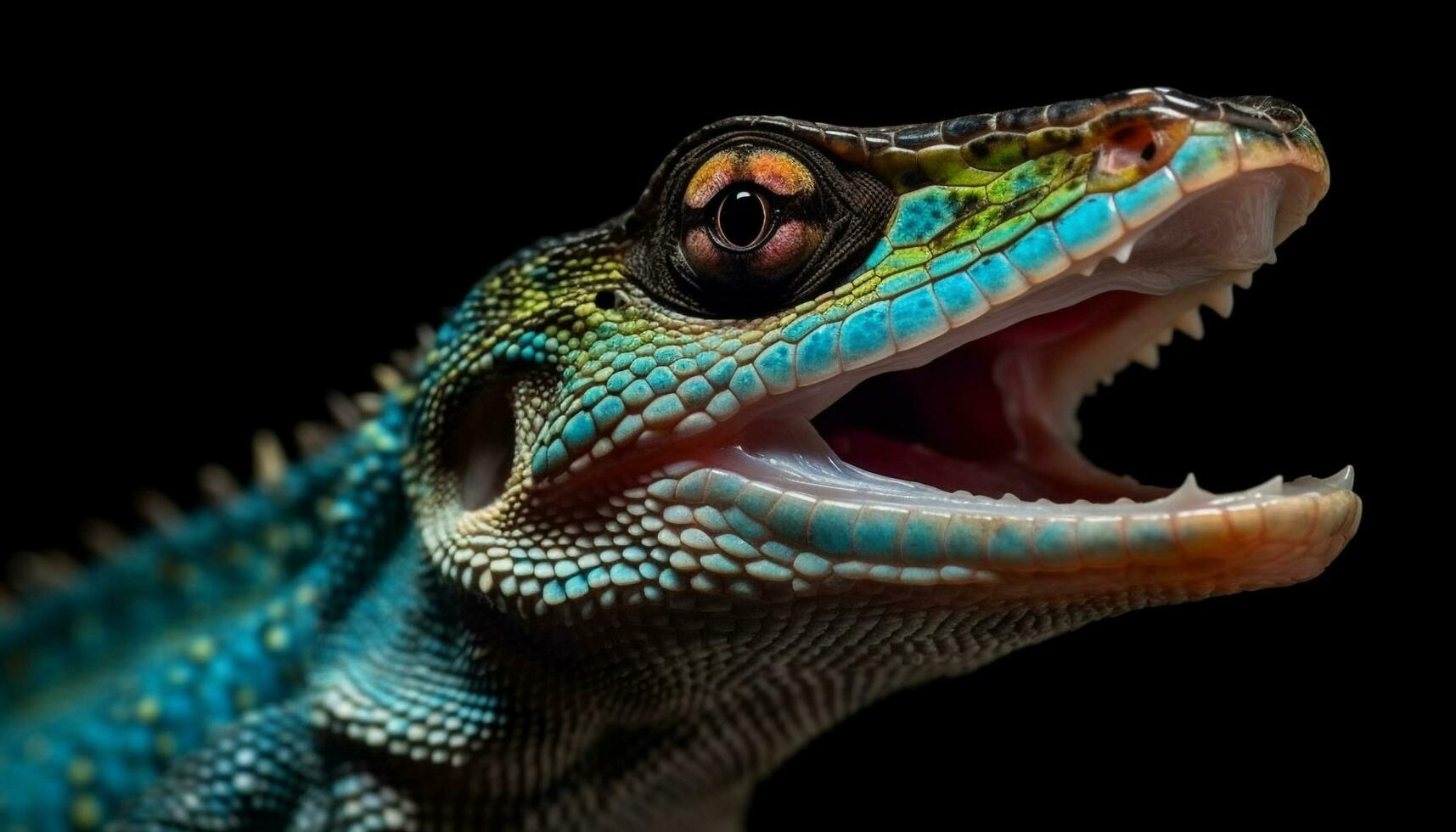 furioso Drago verde lingua e denti nel vicino su ritratto generato di ai foto