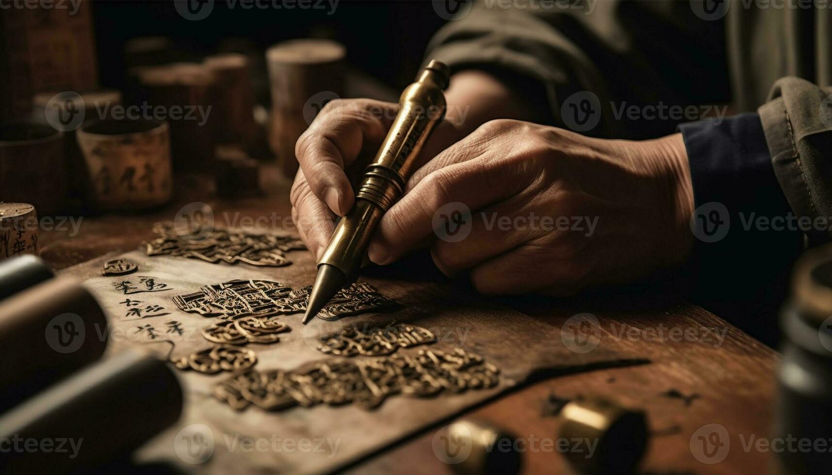 craftsperson competenza nel la lavorazione del legno mostrato attraverso selettivo messa a fuoco vicino su generato di ai foto