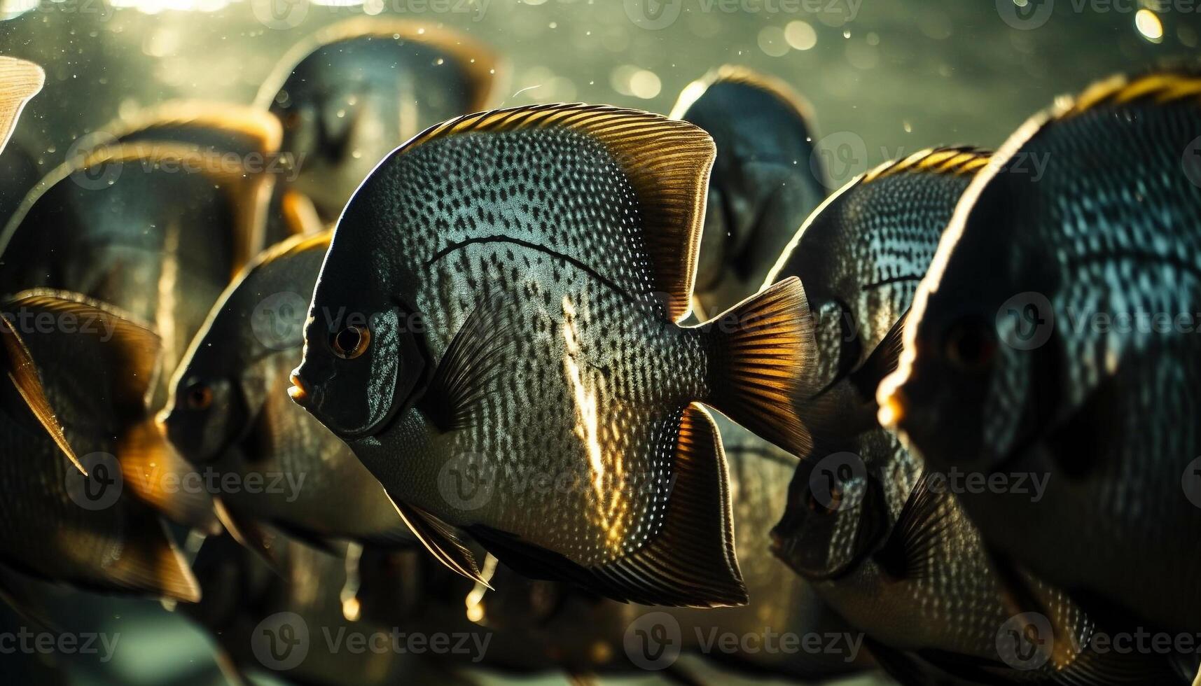 Multi colorato scuola di pesce nuotare nel tropicale scogliera blu acque generato di ai foto