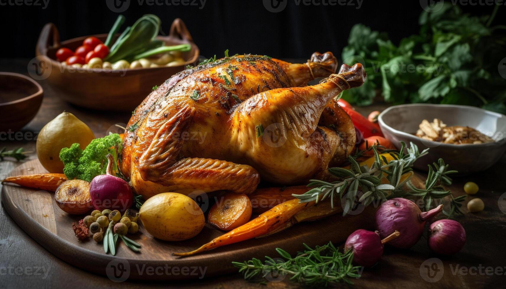 rustico arrosto cena grigliato tacchino, biologico la verdura, e fatti in casa erbe aromatiche generato di ai foto