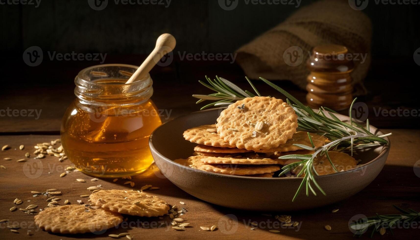 fatti in casa fiocchi d'avena biscotto pila su rustico legna tavolo con miele generato di ai foto