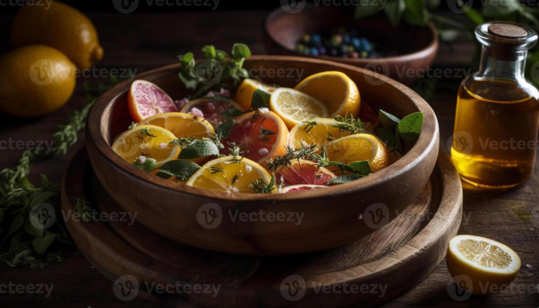 fresco biologico insalata con maturo agrume frutta e salutare ingredienti generato di ai foto