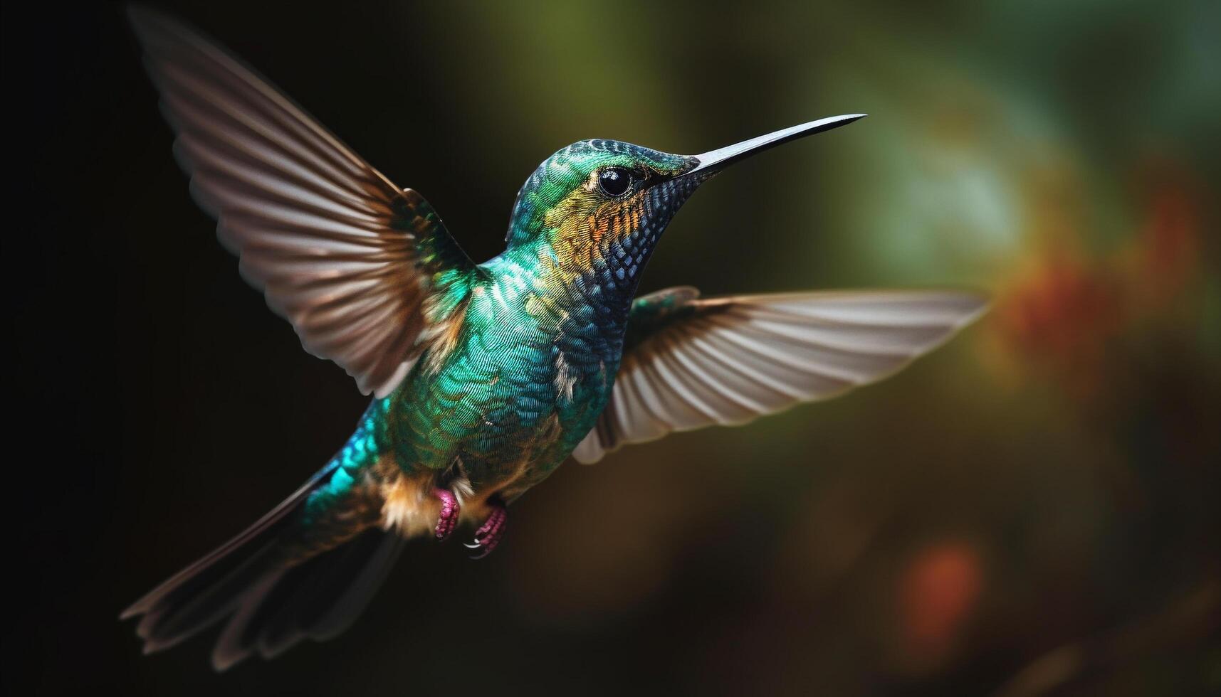 colibrì in bilico, diffusione Ali, iridescente, Multi colorato, impollinazione fiore generato di ai foto
