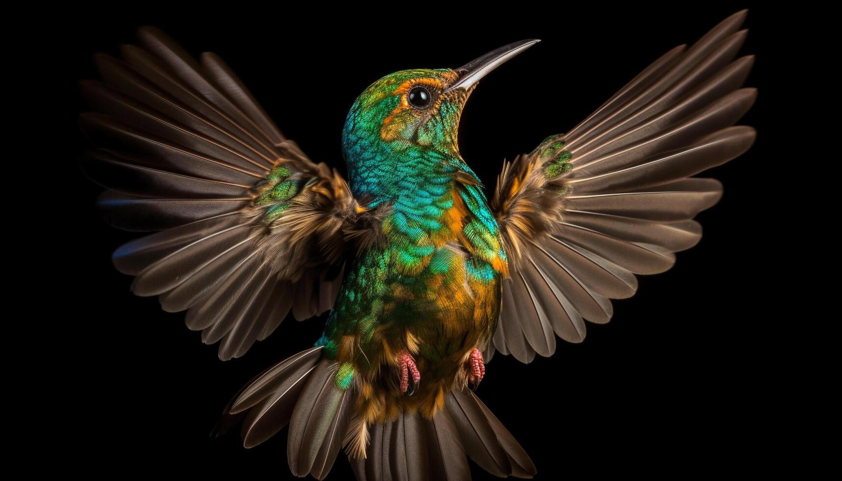 colibrì librarsi medio aria, diffusione Ali, iridescente Multi colorato piume generato di ai foto