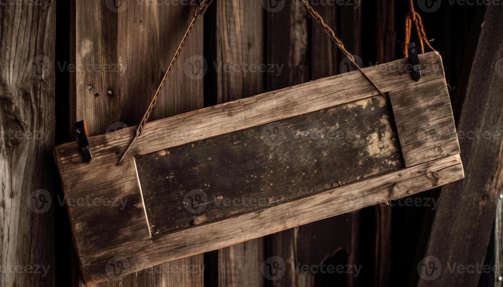 rustico di legno cartello sospeso di corda su Esposto alle intemperie tavola telaio generato di ai foto