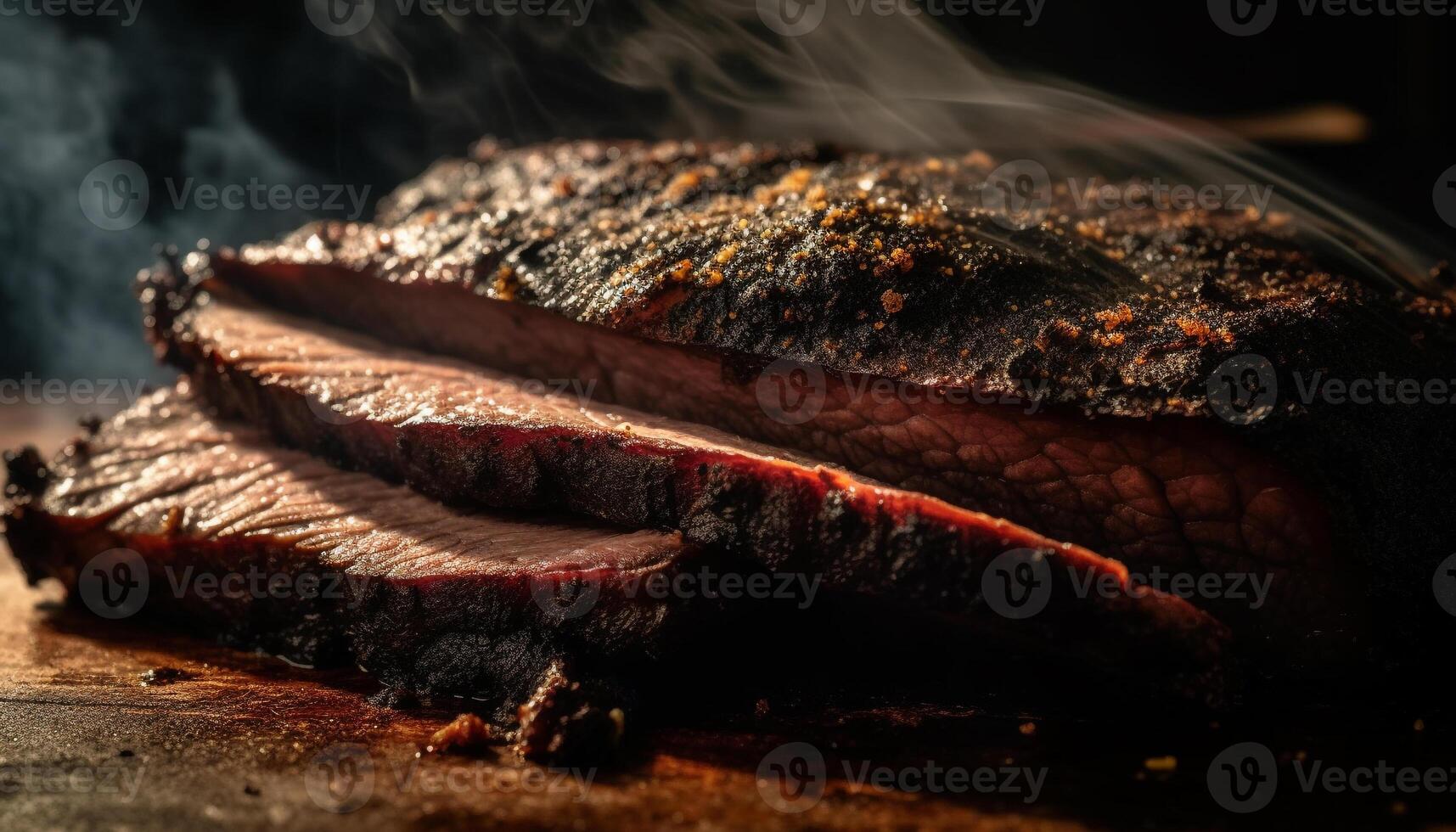 grigliato bistecca, affumicato Maiale, e Manzo filetto su rustico piatto generato di ai foto