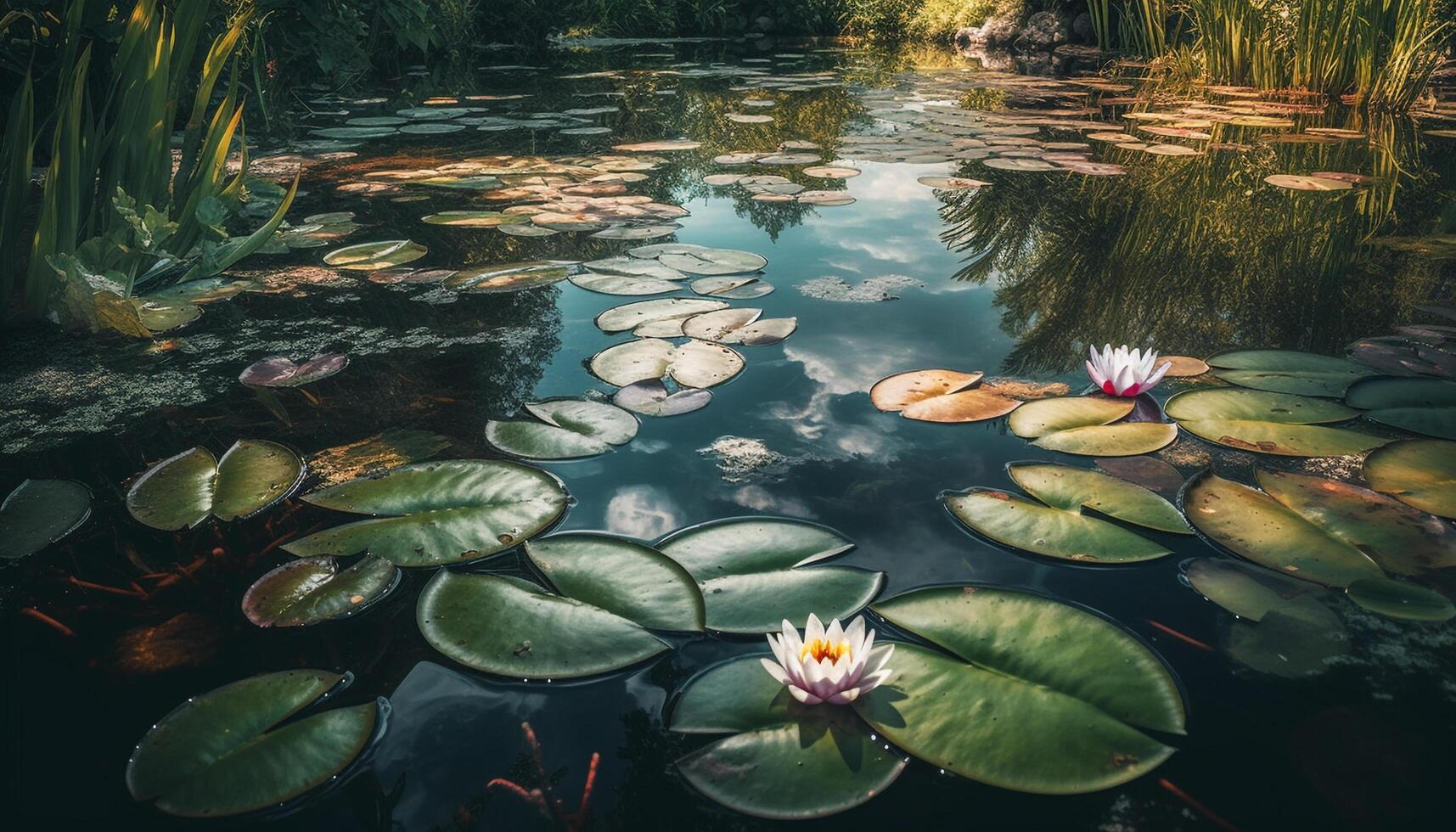 loto acqua giglio fiorire riflette tranquillo scena su acqua superficie generato di ai foto